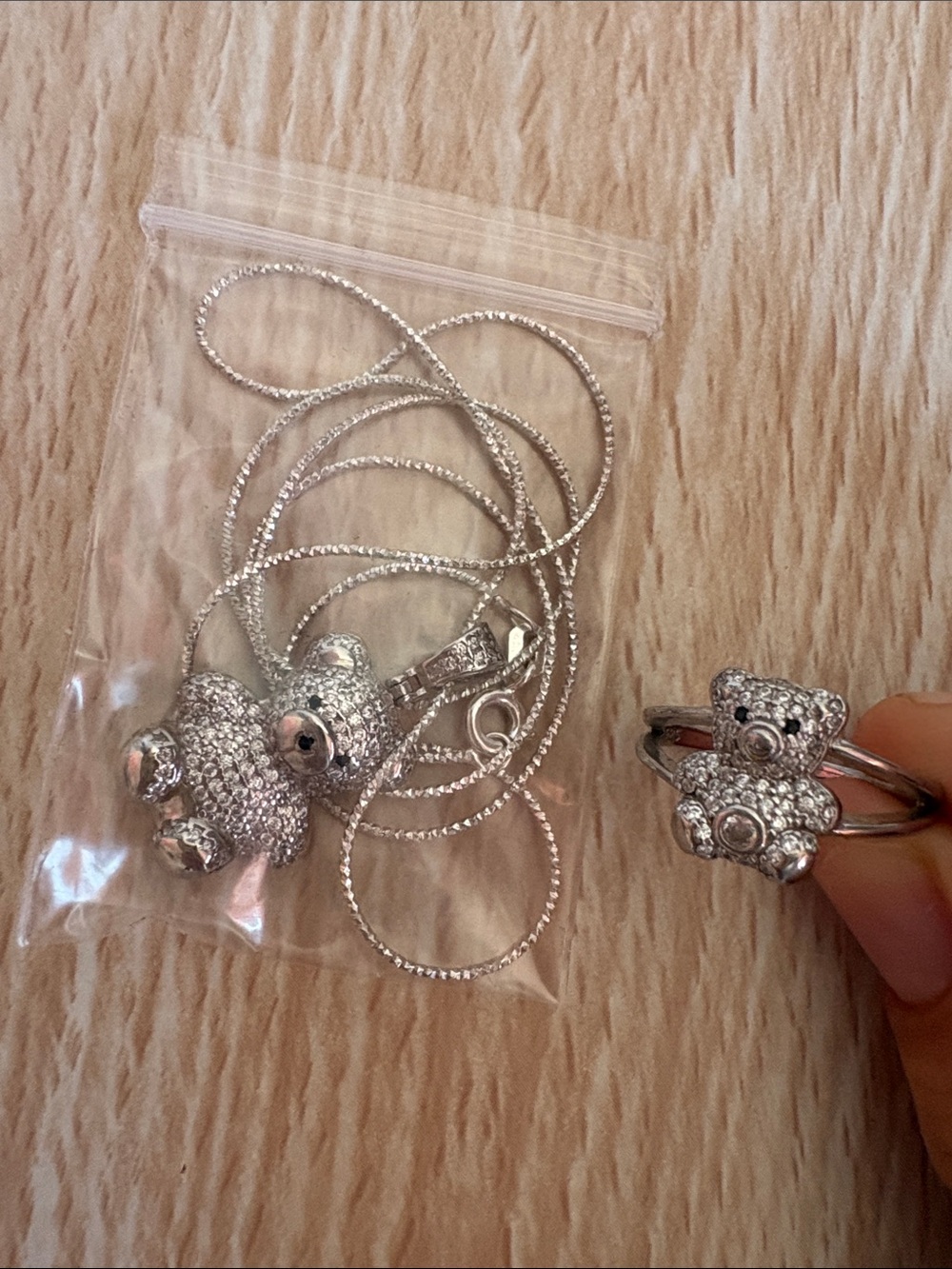 Silver Teddy Bear Pendant Necklace and Ring Set - Sparkling Crystal Accents